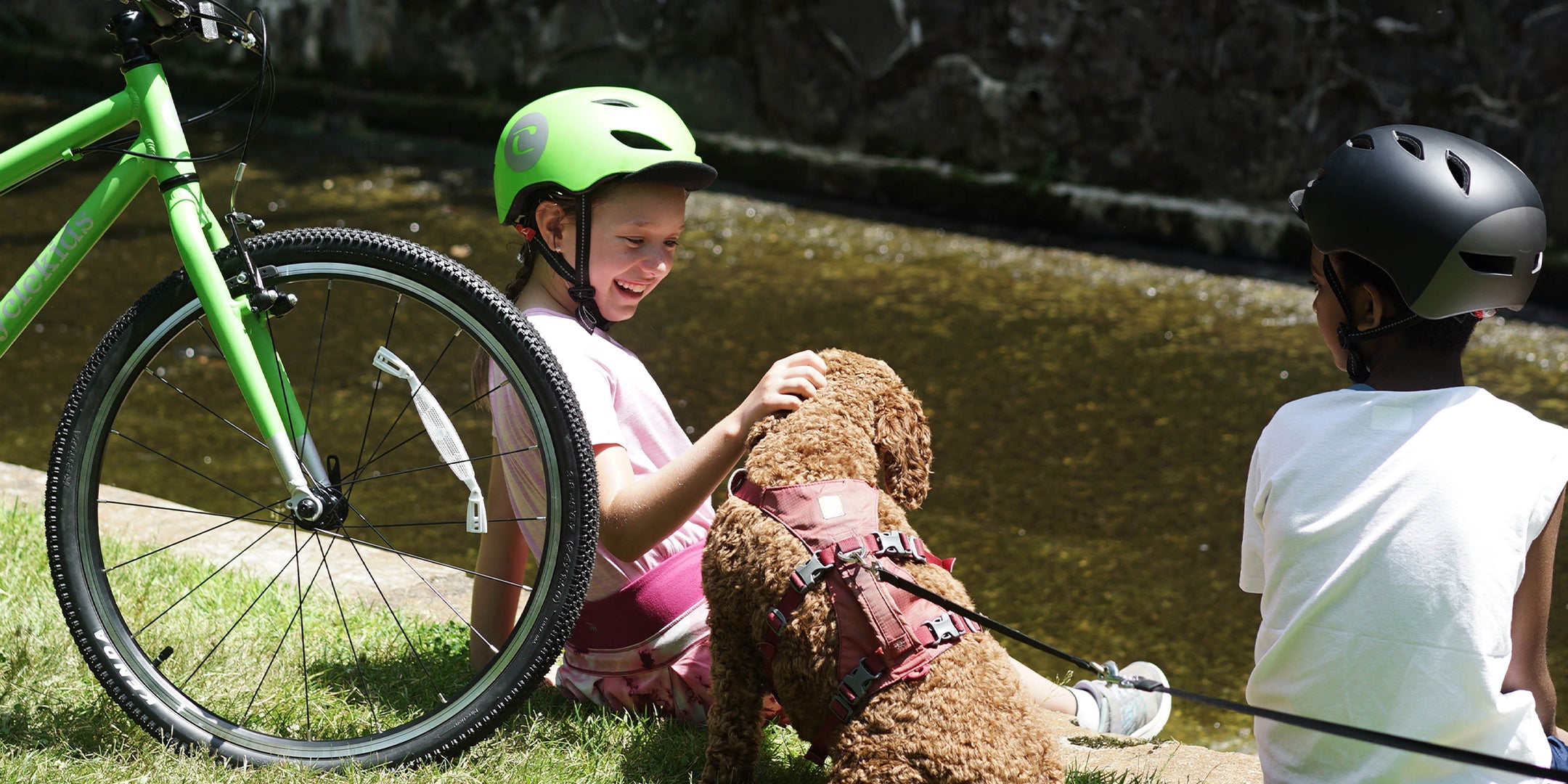 Little girl with a green CYCLEKids helmet petting a dog, sitting next to a little boy with a black CYCLEKids Helmet next to a river