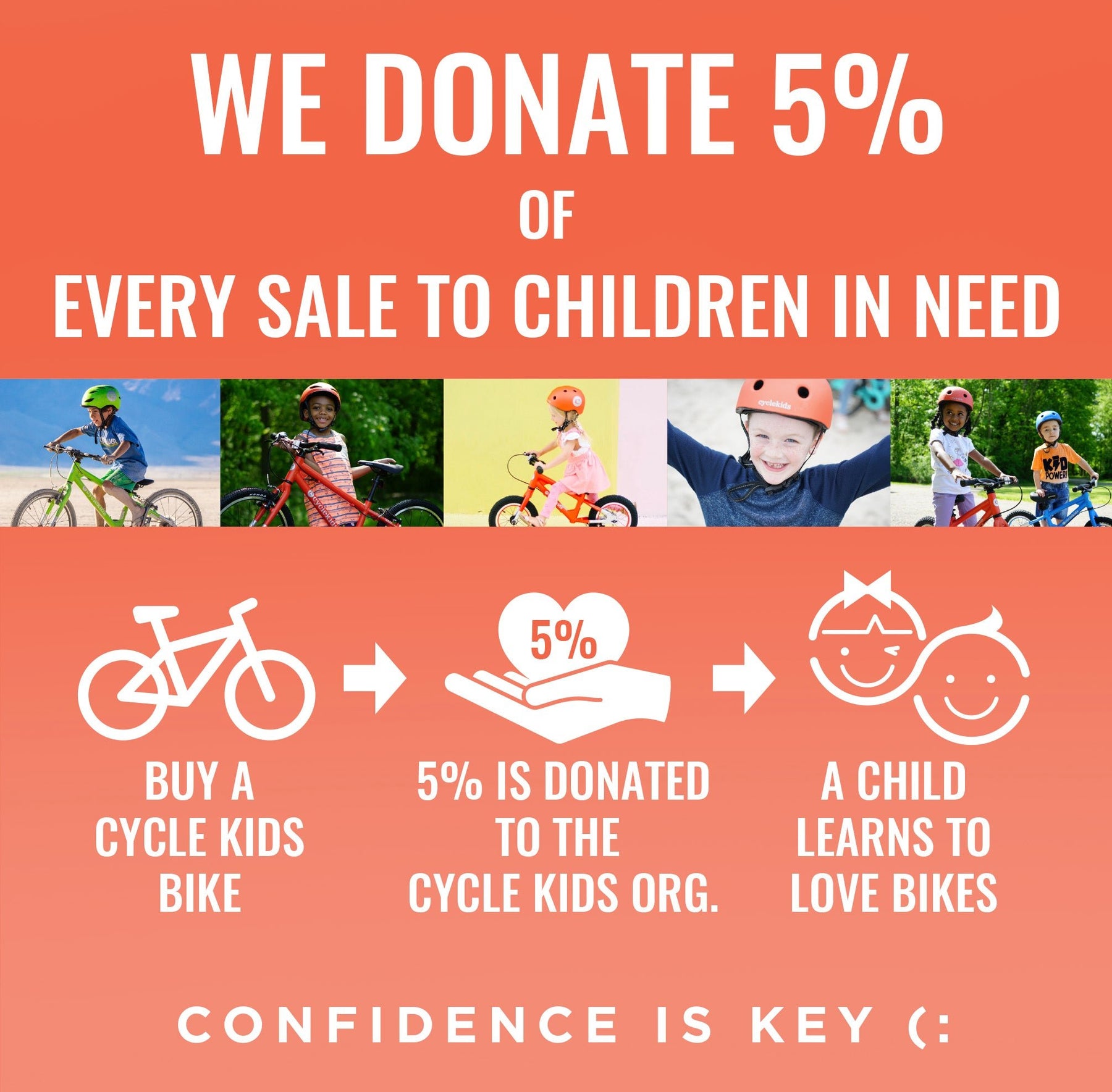 CYCLE Kids Bikes donates 5% of every sale to children in need. Buy a CYCLE Kids bike, 5% is donated to the CYCLE Kids Organization and a child learns to love bikes.